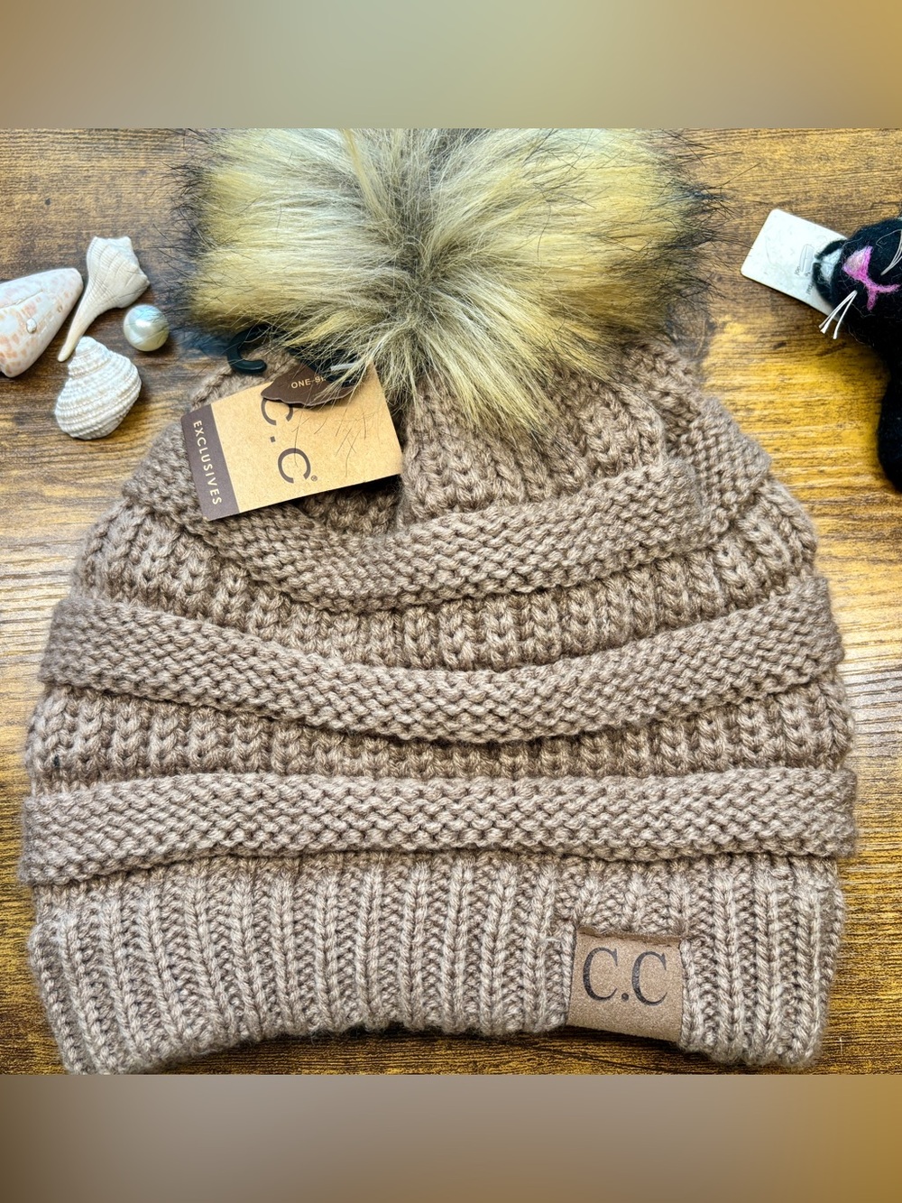 NWT C.C Pom Beanie - Taupe with Faux Fur Pom